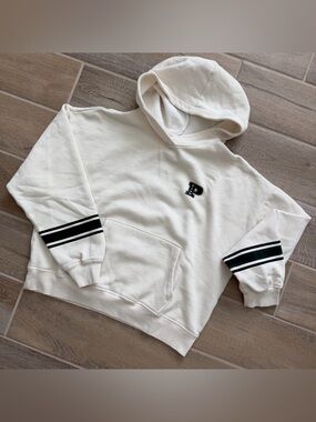 PINK Victoria's Secret Cream Hoodie with Navy Stripe Sleeves